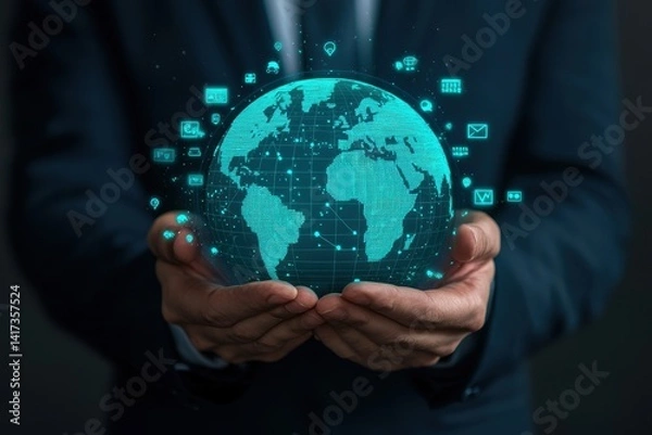 Fototapeta Businessman Holding Digital Globe with Networking Icons and Data