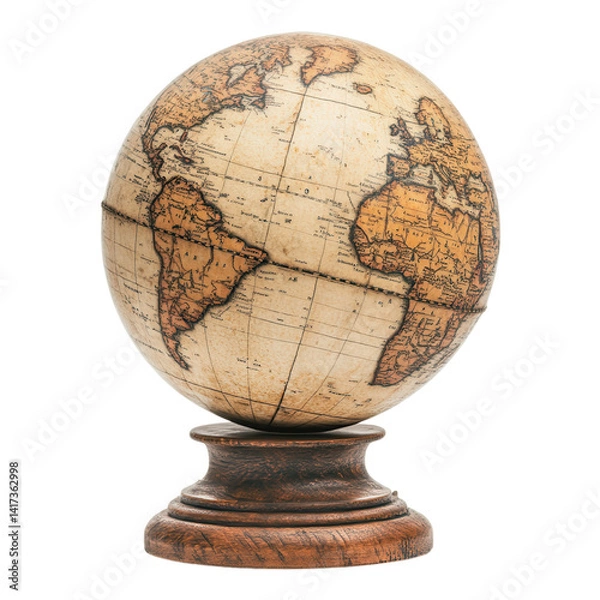 Fototapeta Exploring the ancient craftsmanship of a vintage globe showcasing detailed geographic features and artistic charm on transparent background