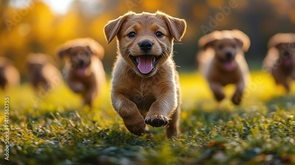 Obraz Adorable puppies running in a field