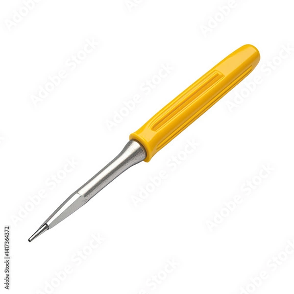 Fototapeta A high-angle view of a retractable pen, featuring a yellow grip and a blue and silver shaft.