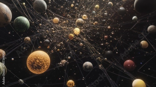 Fototapeta A vast network of connected planets suspended in deep space