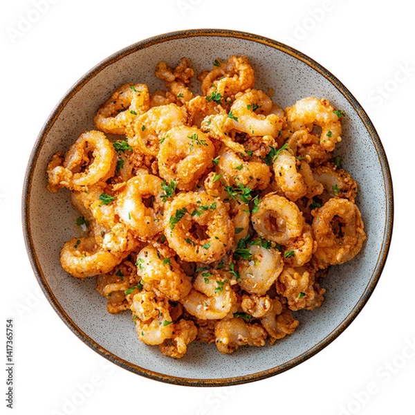Fototapeta Crispy fried calamari served in a rustic bowl, garnished with fresh herbs, inviting diners to enjoy a delightful seafood experience on transparent background