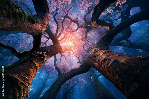 Fototapeta Looking up at fantasy trees with twisted trunks and glowing light through pink blossoms
