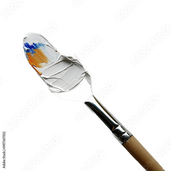 Fototapeta A palette knife with thick white paint, accented with orange and blue hues, held against a plain background.