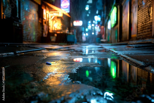 Fototapeta Neon-lit rainy alley at night with reflections in puddles and glowing shop signs
