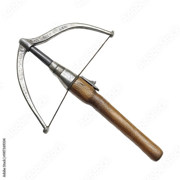 Fototapeta A vintage, self-propelled arrow-shooting device with a wooden handle and metal components, likely from a historical period.