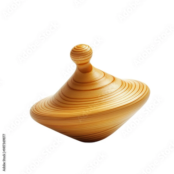 Fototapeta A light beige wooden spinning top with a round base and a smooth, top-heavy design, showcasing wood grain patterns.