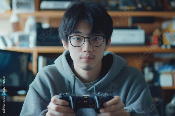 Obraz Asian gamer holding a controller and recording an engaging video review for his popular channel, showcasing his passion for gaming