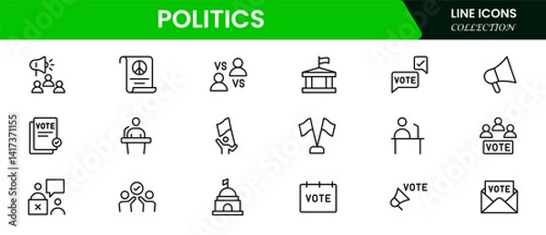 Fototapeta Politics icon set. It contains vector icons of Teams, Decrees, Votes, Absenteeism, Ballots, Campaigns, Demographics, Wars, Patriotism, Elections, Flags, Solutions, and Checking.