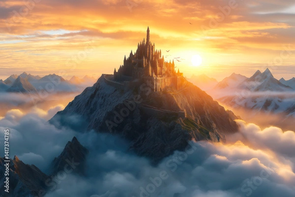Fototapeta Fantasy castle on mountain peak above clouds at sunrise with glowing golden light