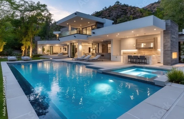 Fototapeta A large modern home with an infinity pool and outdoor kitchen, at night, with security lights on in the house and a lawn area behind it