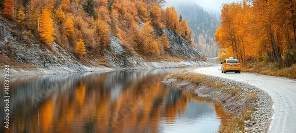 Fototapeta Taxi driving on scenic road by lake in autumn