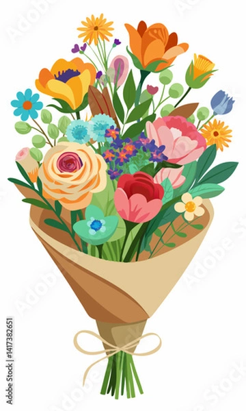Fototapeta Hermosos ramos florales envueltos en papel kraft con flores de primavera y verano. Flores vibrantes envueltas en papel rústico, arreglos florales de temporada en colores frescos y vibrantes.