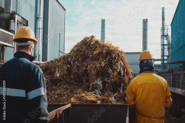 Obraz Two factory workers wearing safety helmets and uniforms are transporting organic waste for biogas production in a biomass processing facility