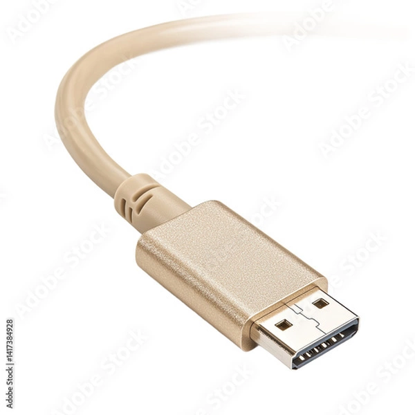 Fototapeta A close-up of a light beige displayport cable, highlighting its connector and wire.