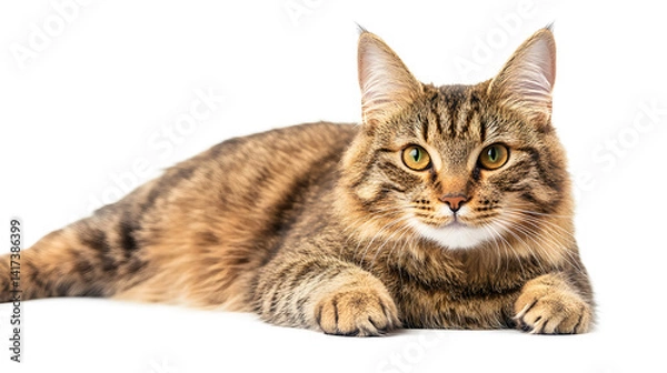 Fototapeta A cat is laying on a white background with its eyes open