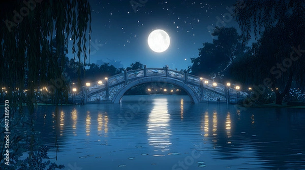 Obraz Moonlit serenity bridge  lights twinkling on water Calm scenery with trees  stars Peaceful escape beautiful nature