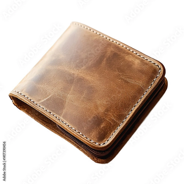 Fototapeta A top-down view of a brown leather bi-fold wallet, showcasing its stitched edges and rich texture.