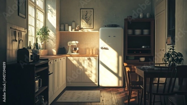 Fototapeta Room with kitchen appliances lit by sunlight. 3D rendering.