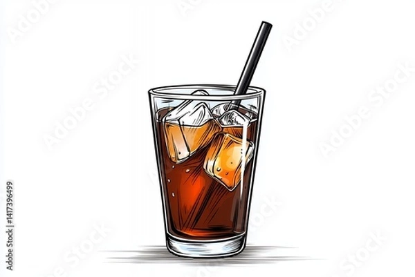 Obraz Iced Beverage Illustration with Ice Cubes in Tall Glass with Hatching Technique on White