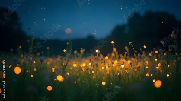 Fototapeta Dreamy Meadow at Night: Wildflowers Aglow with Fairy Lights, Atmospheric Twilight Scenery