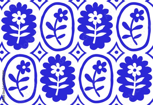 Obraz classic vector pattern with blue frames and flowers. retro print for wallpaper and textile