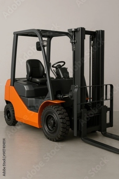 Fototapeta A vibrant orange and black forklift stands on a smooth gray concrete surface against a light gray background. 