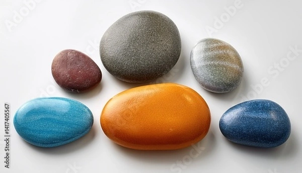 Obraz Serene Stones: An artistic arrangement of smooth, colorful stones, each with unique textures, evoking a sense of natural beauty and tranquility.