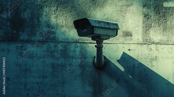 Fototapeta Security camera mounted on a weathered concrete wall.