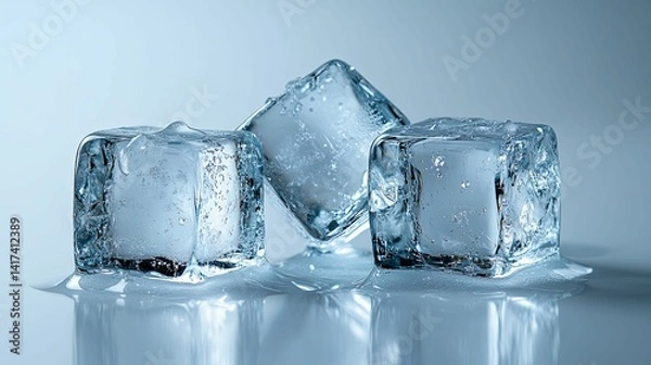 Fototapeta Close-up of three melting ice cubes on a light blue surface.