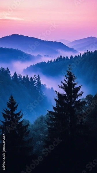 Fototapeta misty mountain range bathed in the soft light of dawn or dusk, with a gradient sky. hd phone wallpaper