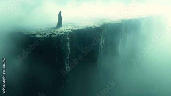 Fototapeta Lone figure stands on a misty cliff edge shrouded in ethereal fog contemplating the abyss A scene of solitude and mys