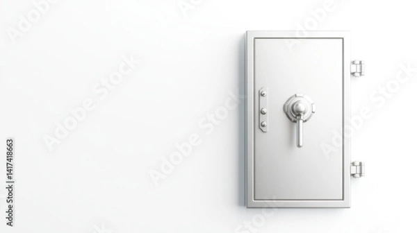 Fototapeta sturdy metallic vault door is set against plain white background, symbolizing security and protection. door features robust handle and locking mechanism, emphasizing its strength and reliability
