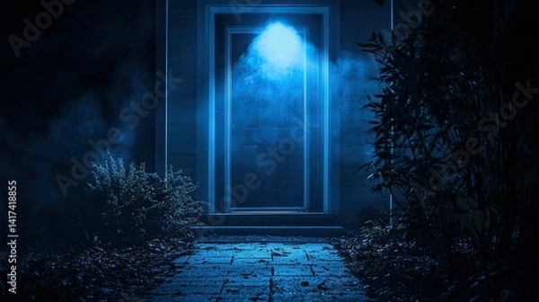 Fototapeta Dark and ominous night scene with a spotlight on a residential front door, hinting at a mysterious intruder. 