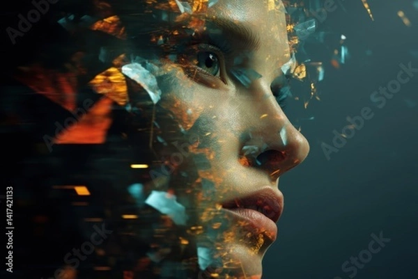 Fototapeta Rendered face of woman with abstract shards reflecting light and texture in a dynamic digital composition