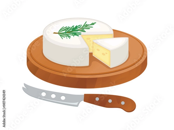 Fototapeta Camembert cheese on a wooden cutting board vector illustration. Brie and knife icon set vector isolated on white background. Cheese on a wooden tray and cheese knife drawing