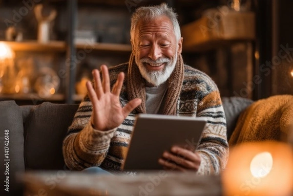 Fototapeta Man engaged in friendly video call with family while learning to use tablet at home