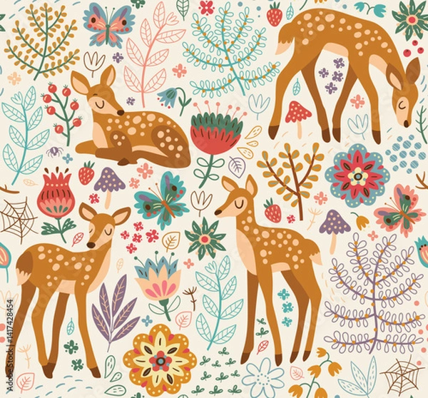 Fototapeta Seamless forest pattern with deer

