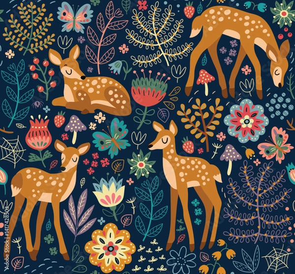 Fototapeta Seamless forest pattern with deer

