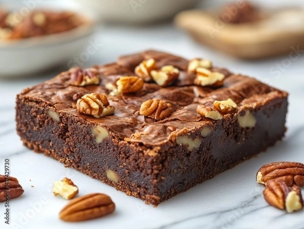 Fototapeta fudgy brownie slice with nuts, close-up detail, isolated white style