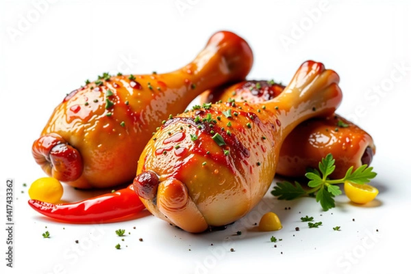 Obraz Fried chicken drumsticks with herbs and peppers on a white background.
