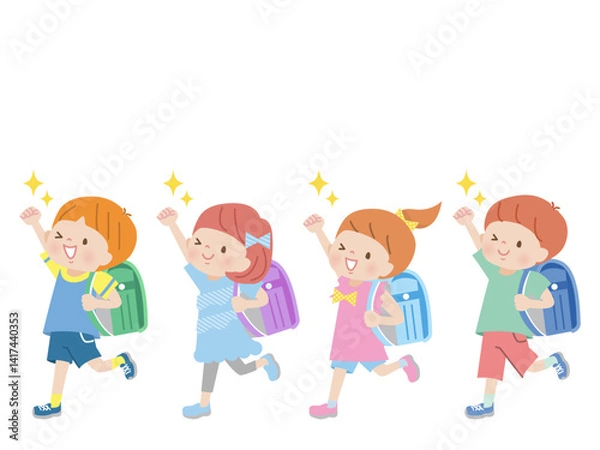 Fototapeta ランドセルを背負ってガッツポーズする子供