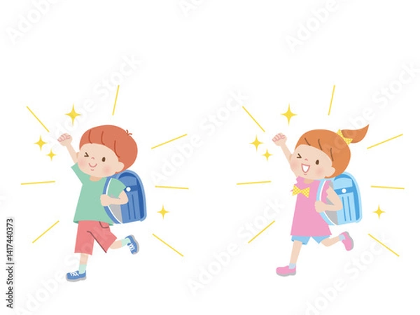 Fototapeta ランドセルを背負ってガッツポーズする子供