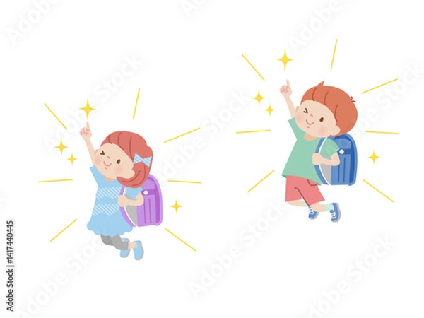 Obraz ランドセルを背負ってジャンプする子ども達