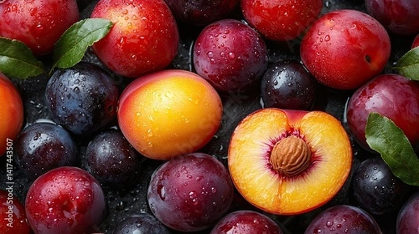Fototapeta Luscious plums and peaches burst with summer flavor in high-resolution food photography masterpiece. -