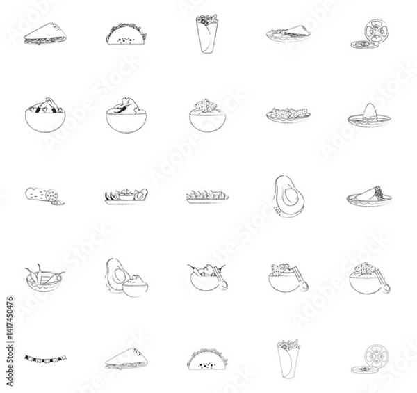 Obraz A collection of black and white sketch illustrations depicting various Mexican food items including quesadillas, tacos, burritos, bowls of guacamole, chili peppers, avocados, and other ingredients