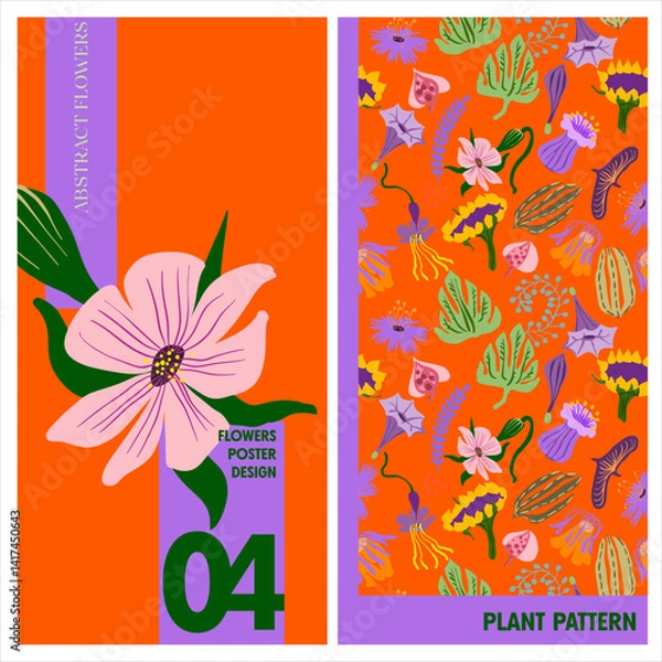 Obraz Editable poster of primitive, whimsical plants in folk style. Abstract flowers and leaves in bright, saturated colors for branding, printing, advertising. Digital illustration in modern flat style