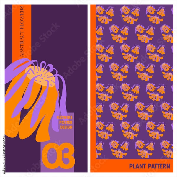Obraz Editable poster of primitive, whimsical plants in folk style. Abstract flowers and leaves in bright, saturated colors for branding, printing, advertising. Digital illustration in modern flat style