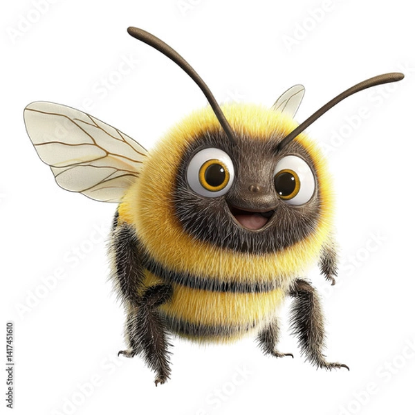 Obraz Smiling fuzzy cartoon bee isolated on PNG transparent background, cut out