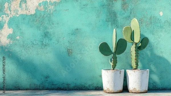 Fototapeta Minimalist wall art featuring surreal green cacti in white pots with dramatic shadow play. --ar 16:9 --raw --stylize 250 --v 6.1 Job ID: 6185f618-7ca6-473f-8181-853ff9ff3b6e